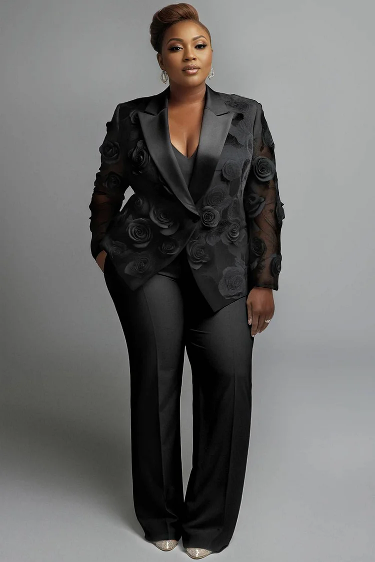 Xpluswear Design Plus Size Wedding Black Elegant Lapel Collar Long Sleeve See Through 3D Two Piece Pant Suits [Pre-Order]