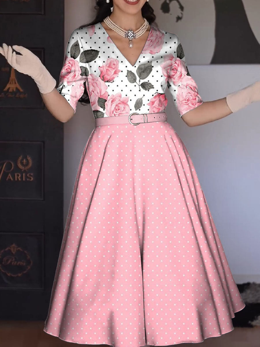 Women's Vintage Floral Print Pocket Cotton Elegant Midi Dress