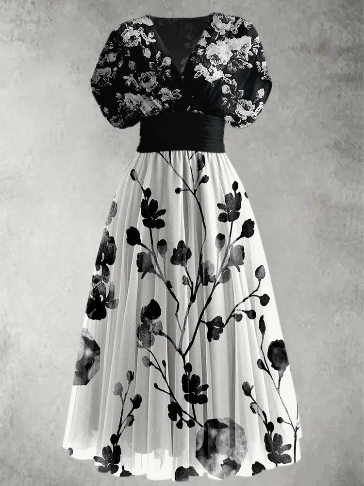 Retro Boho Floral Art Printed Elegant V-Neck Chic Chiffon Short Sleeve Maxi Dress
