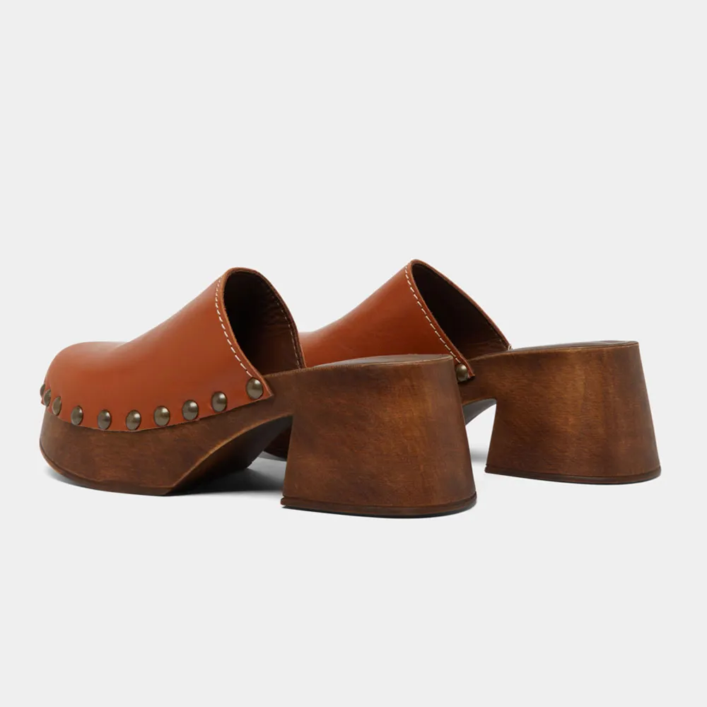 Brown Round Toe Chunky Heel Platform Studded Women's Mules Shoes