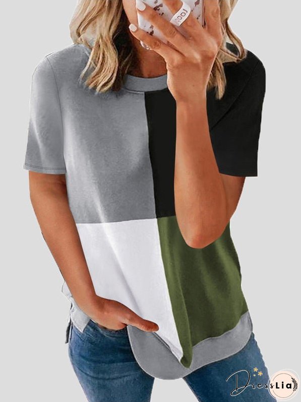 T-Shirts Casual Color Matching Round Neck Short Sleeve T-Shirt for Women