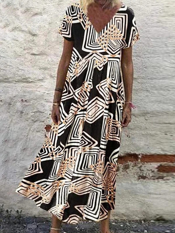 Women's Short Sleeve V-neck Graphic Printed Maxi Dress