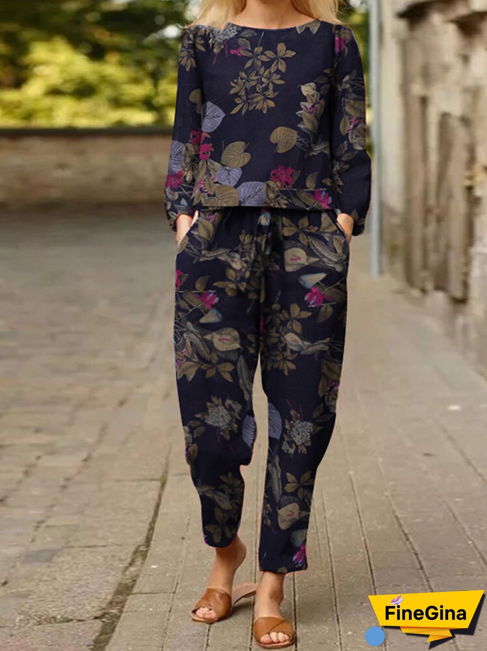 Casual Floral Pattern Elastic Waist Cotton Two-piece Set Suit