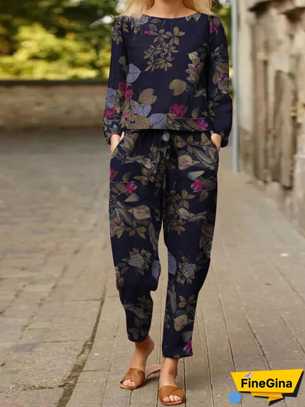 Casual Floral Pattern Elastic Waist Cotton Two-piece Set Suit
