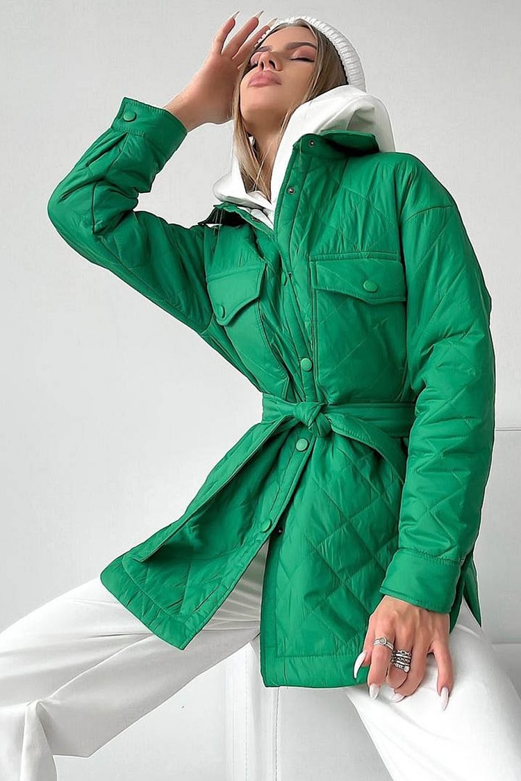 Button Belt Turndown Collar Pocket Outwear Coat
