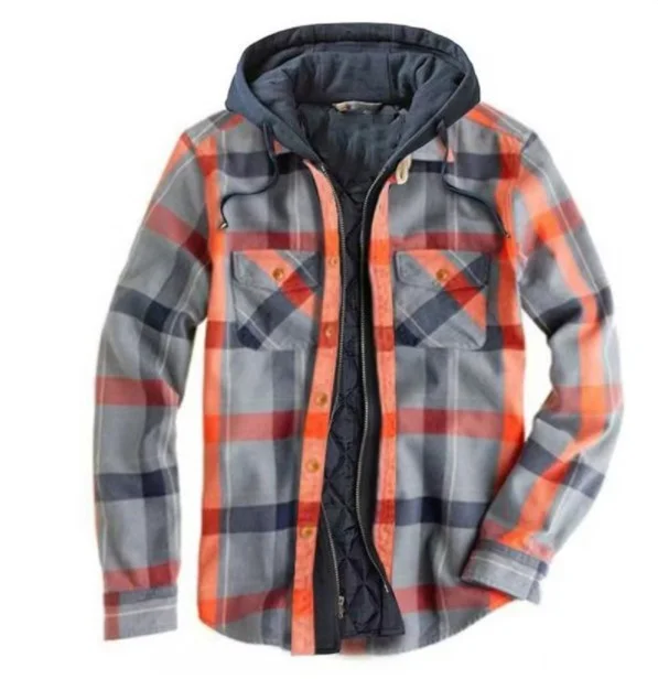 Men's Jacket Winter Plaid Long Sleeve Hooded Casual Jacket