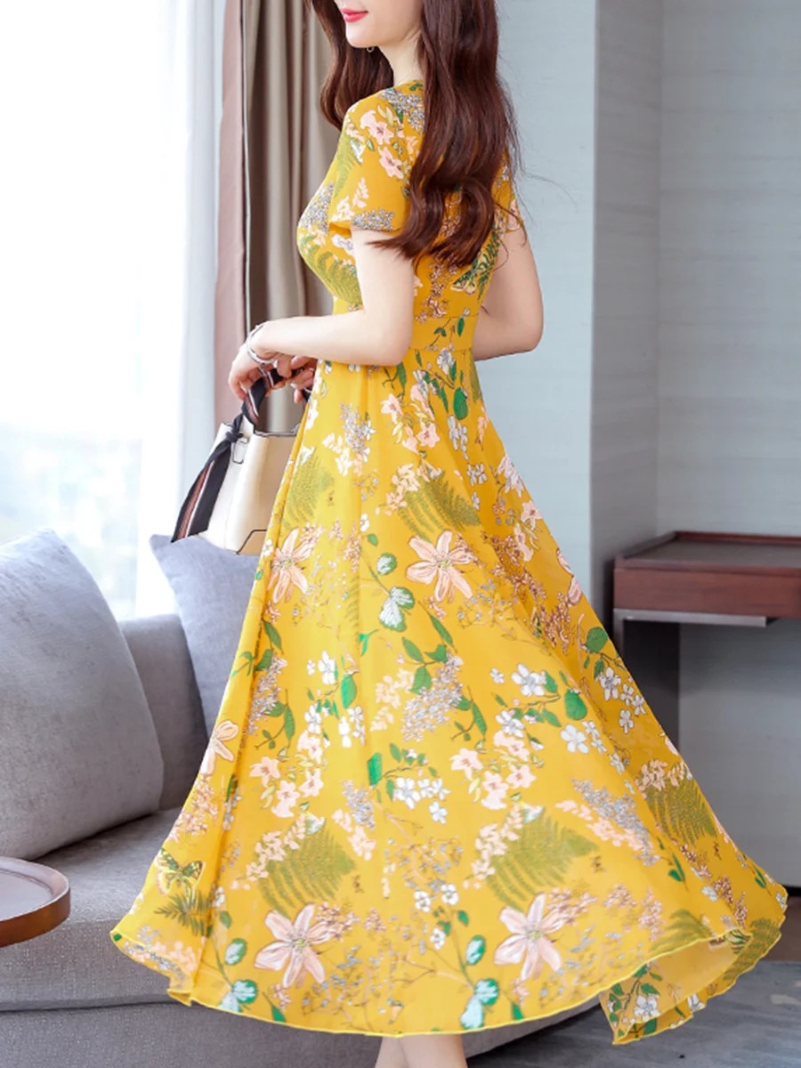 Date Round Neck Printed Maxi Dress - SissiStyles.com