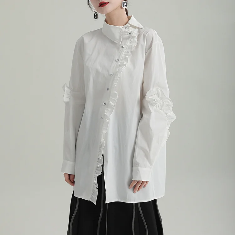 Special Asymmetric Collar Solid Color Long Sleeve Shirt