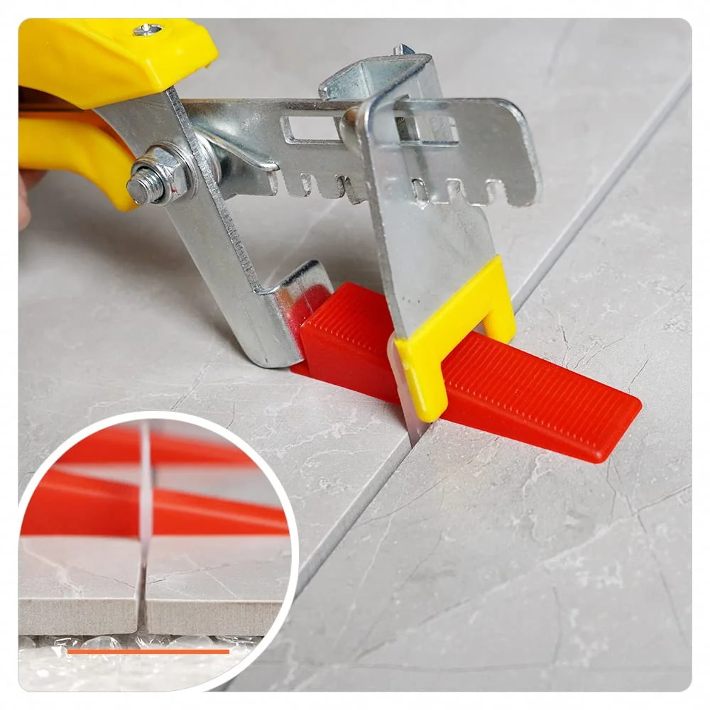 مجموعة نظام تسوية البلاط مع زرادية واحدة للبلاط، و200 قطعة من مشابك فواصل البلاط مقاس 2 مم و100 قطعة من إسفين مستوى البلاط القابل لإعادة الاستخدام