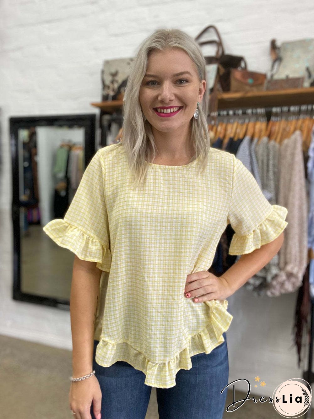 New Round Neck Women's Shirt With Turtleneck And Trumpet Sleeves Spliced Short Sleeve Plaid Jacquard Casual Jacket Tops Tees