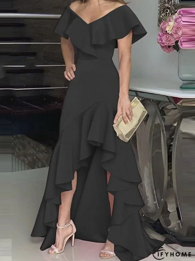 Party Dress Maxi long Dress Green Black Wine Fuchsia Dark Blue Short Sleeve Pure Color Ruffle Plus High Low Fall Spring V Neck Elegant Formal Party S M L XL XXL 3XL 4XL 5XL for Women | IFYHOME