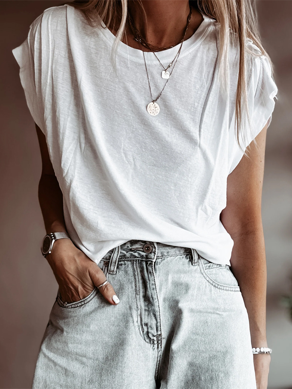 Round Neck Solid Color Short Sleeve T-shirt   hjn Shicloths