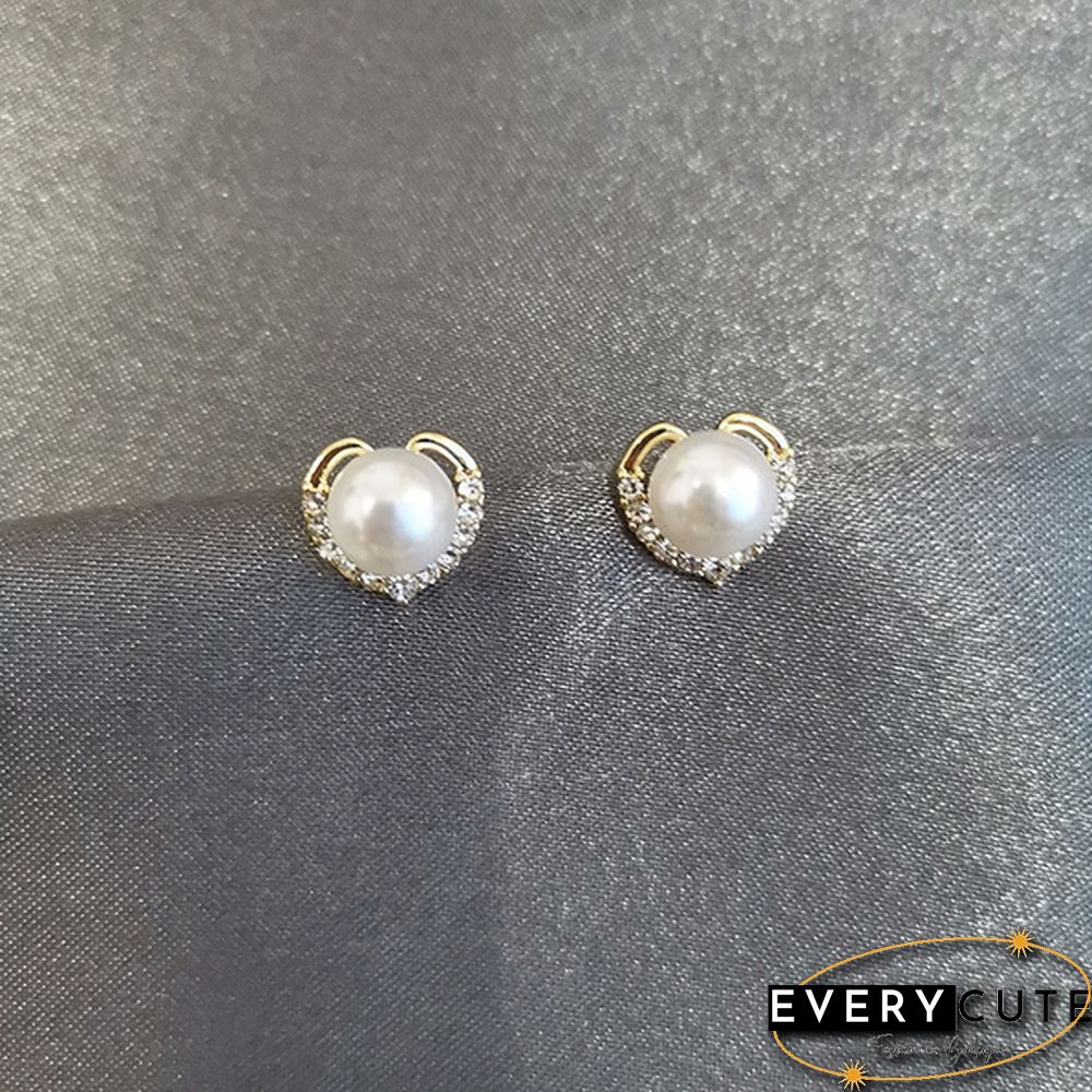 Trendy Fashion Women's S925 Silver Exquisite Pearl Heart-shaped Diamond Crystal Earrings Prevent allergy Jewelry