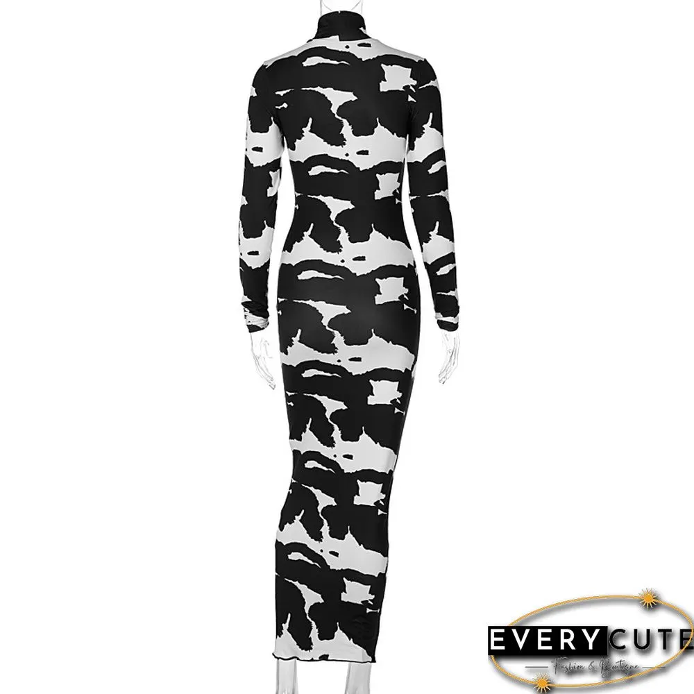 Womens Fashion Autumn Long-Sleeve Printed Bodycon Pencil Dress Streetwear Fall Clothes
