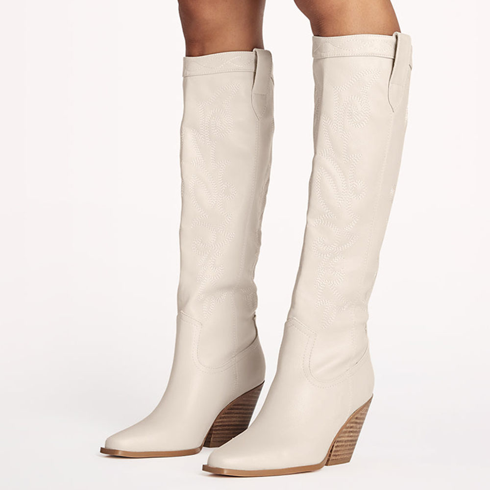 White Faux Suede Closed Toe Chunky Heel Knee High Cowgirl Boots Nicepairs
