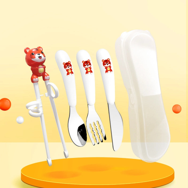 Maternal And Infant Products Portable Feeding Children’s Tableware Set Cartoon Learning Chopsticks Training Chopsticks 304 Stainless Steel Spoon Fork