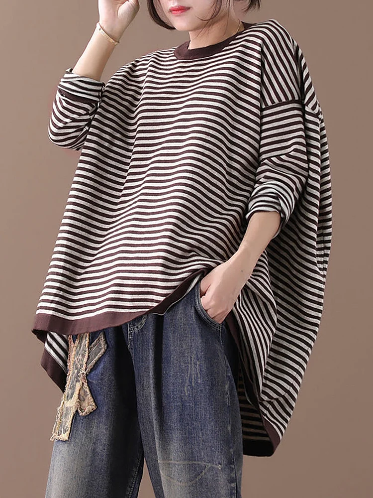 Women Ultra-loose Classic Striped Round Neck Sweater