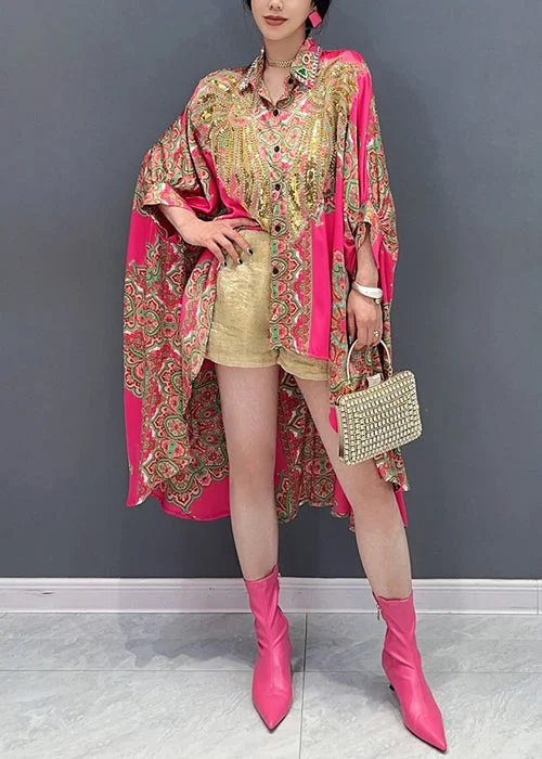 Italian Rose Sequins Low High Design Patchwork Shirts Batwing Sleeve