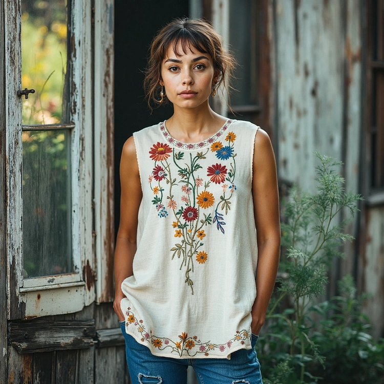 Vintage Flowers Embroidery Art Linen Sleeveless Top