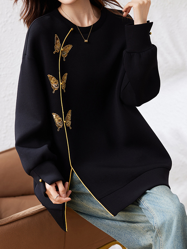 Loose Round Neck Bow Tie Split Hoodie