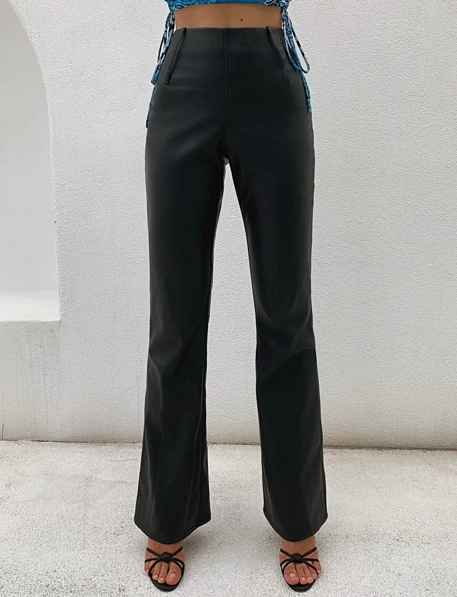 wsevypo Autumn Fashion High Waist PU Leather Long Pants Vintage Office Women Button down Flared Trousers Casual Bell-Bottoms