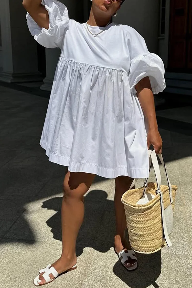 Plus Size Vacation White Casual Round Neck Lantern Sleeve Half Sleeve Mini Dresses