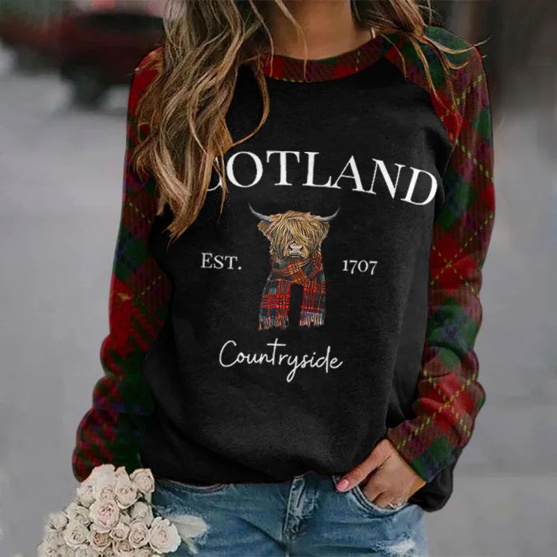 Retro Scotland Highland Cow Bull Head Print Crew Neck Casual Sweatshirt