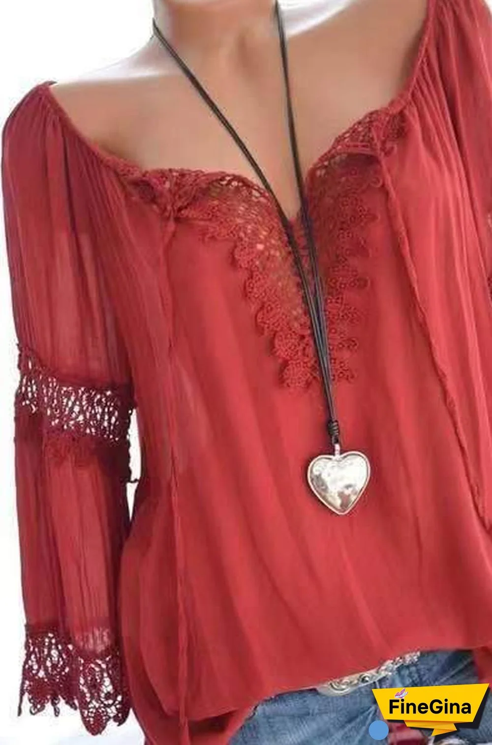 Large size Women Openwork Lace Long-sleeved Blouse Solid Color Large V-neck Casual Tops