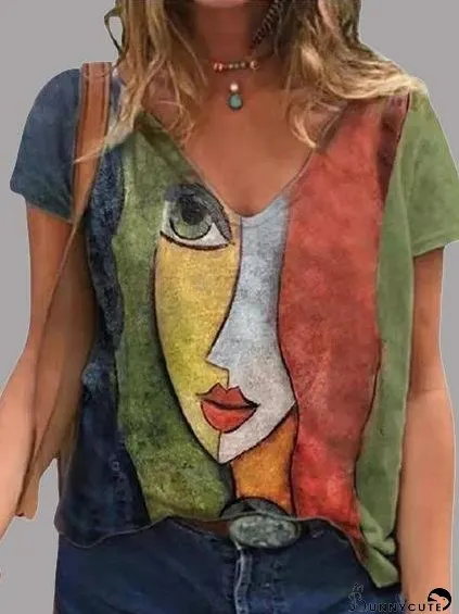Abstract Character Print V-neck Short Sleeve T-Shirts