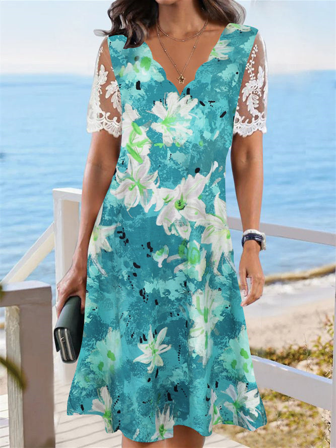 Women's Floral Printed Lace Short Sleeve V-neck Dress