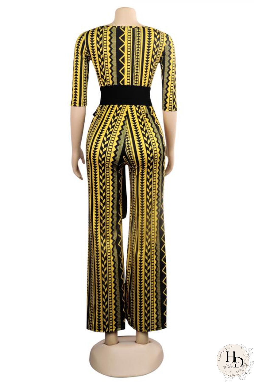 Yellow Casual Fashion bandage Print Asymmetrical Polyester Long Sleeve Peter Pan Collar Jumpsuits
