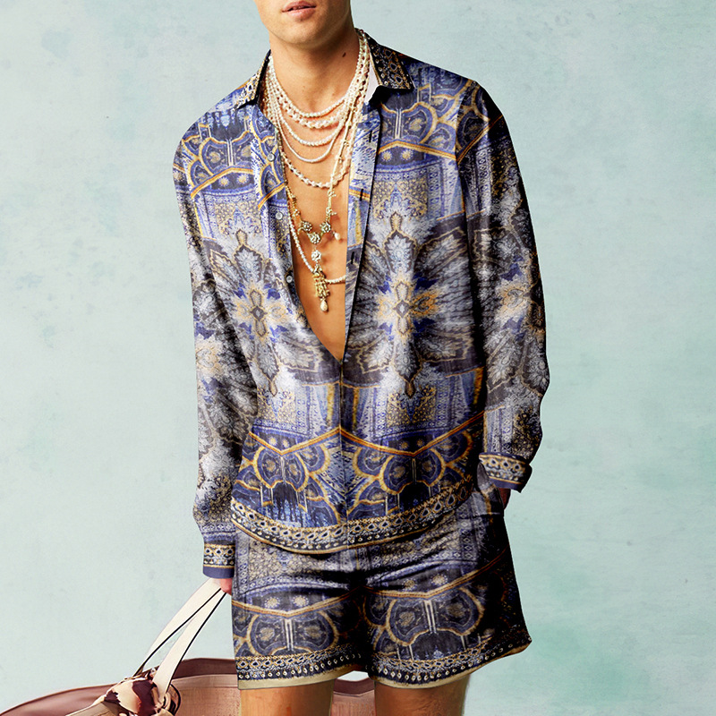 Thoval Fashion 3D Print Two Piece Set Men Long Sleeve Lapel Shirts And Shorts Casual Loose Suits Summer Hawaiian Beach Outfits Male