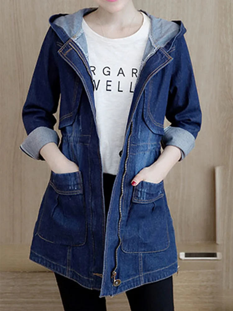 Daily Hooded Zipper Long Sleeve Slim Denim Jacket