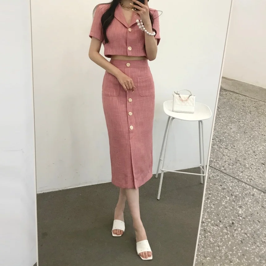 Toloer Toloer Korea Elegant Lapel Thin Tweed Small Suit Short Jacket + High Waist Chic Button Slim Womens Two Piece Skirt Sets Summer 1127-0-Outfit Ideas
