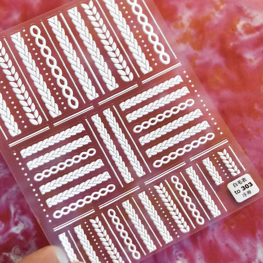 1pc Winter Knit Sweater Cloth Pattern 5D Nails Decal Engraved Embossed Nail Art Adhesive Decals For New Year Valentines Gifts-Nail Inspo