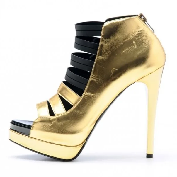 Gold and Black Zip-up Platform Strappy Sandals; Vdcoo