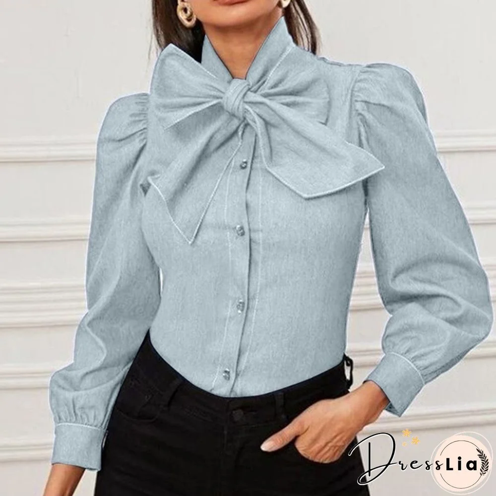 Women Long Sleeve Shirt Elegant Blouse Tunic Bow Tie Denim T-Shirts Plus Size