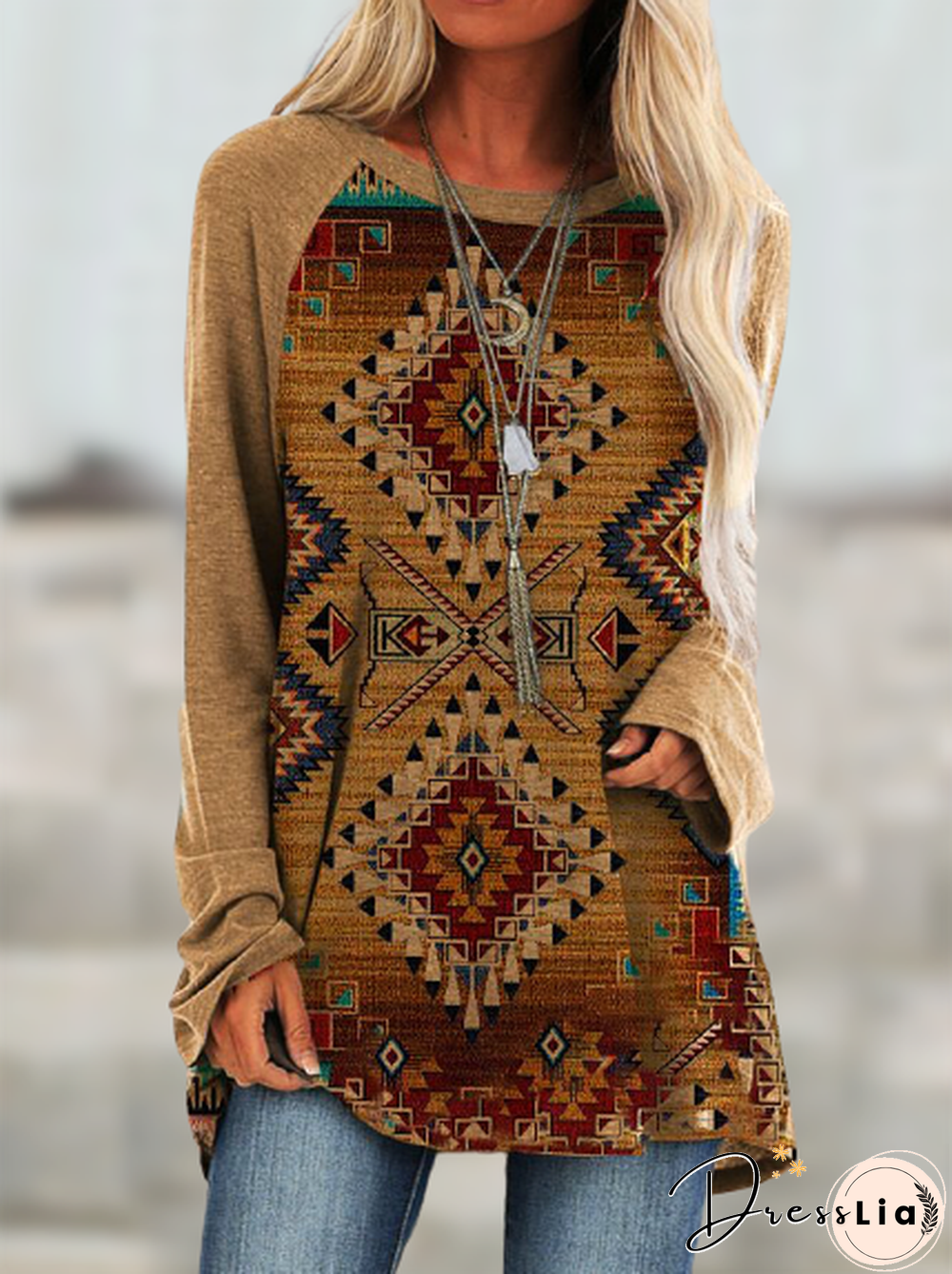 Geometric Round Neck Printed Long Sleeve T-shirt
