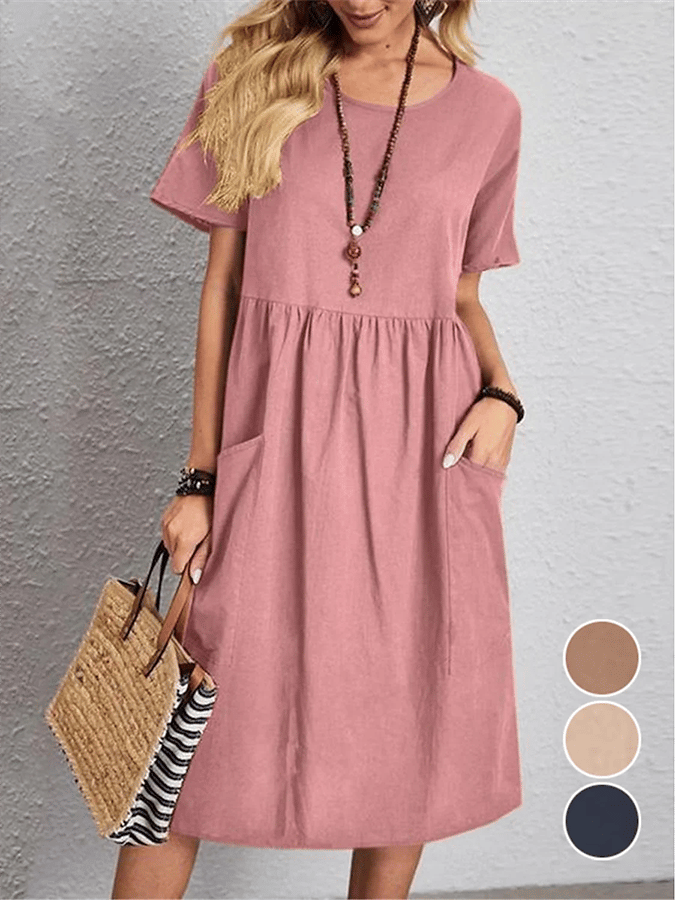 Women's Cotton And Linen Round Neck Short Sleeve Pocket Pleated Loose Dress