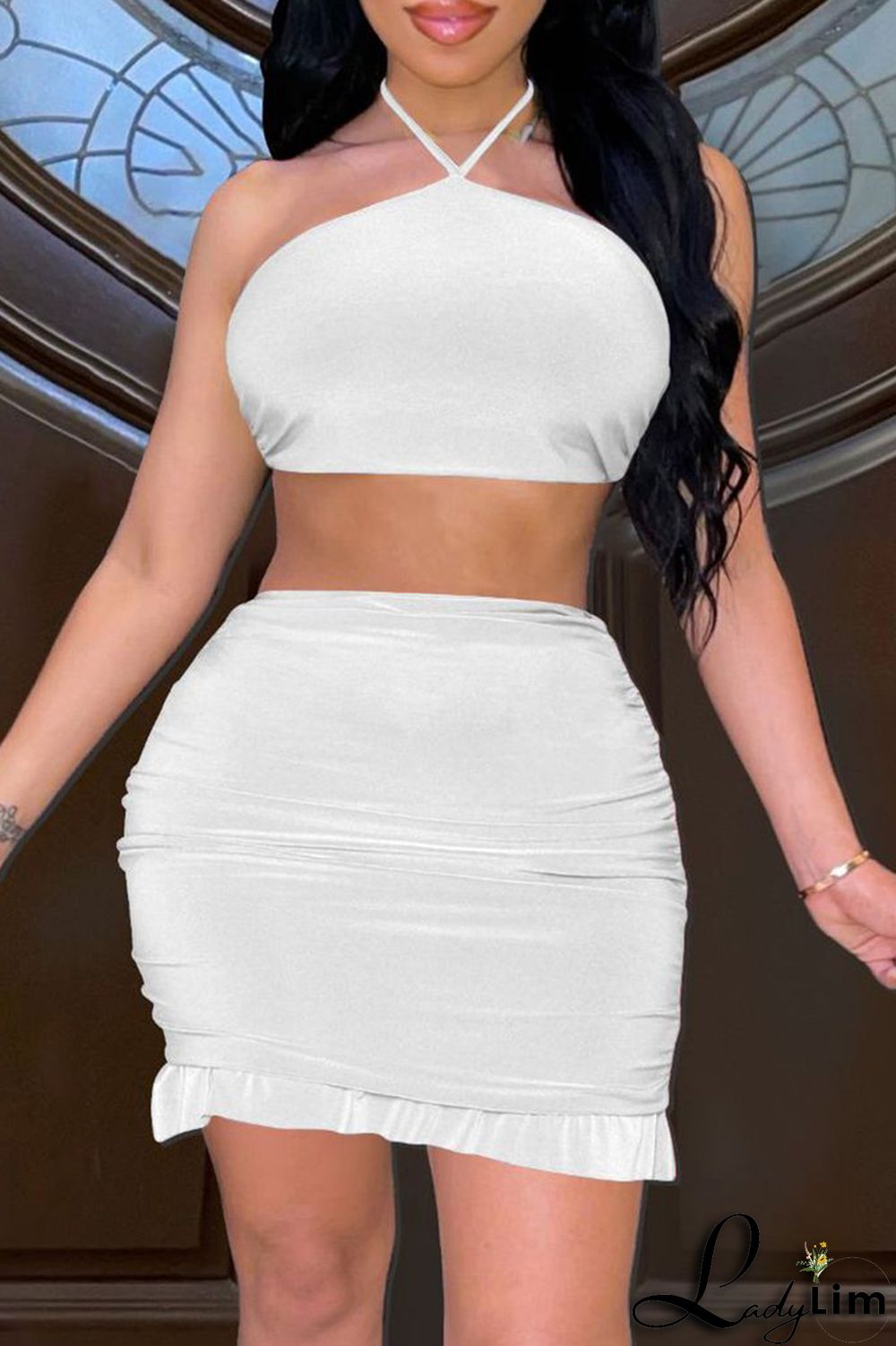 Khaki Fashion Sexy Solid Bandage Backless Strapless Sleeveless Two Pieces