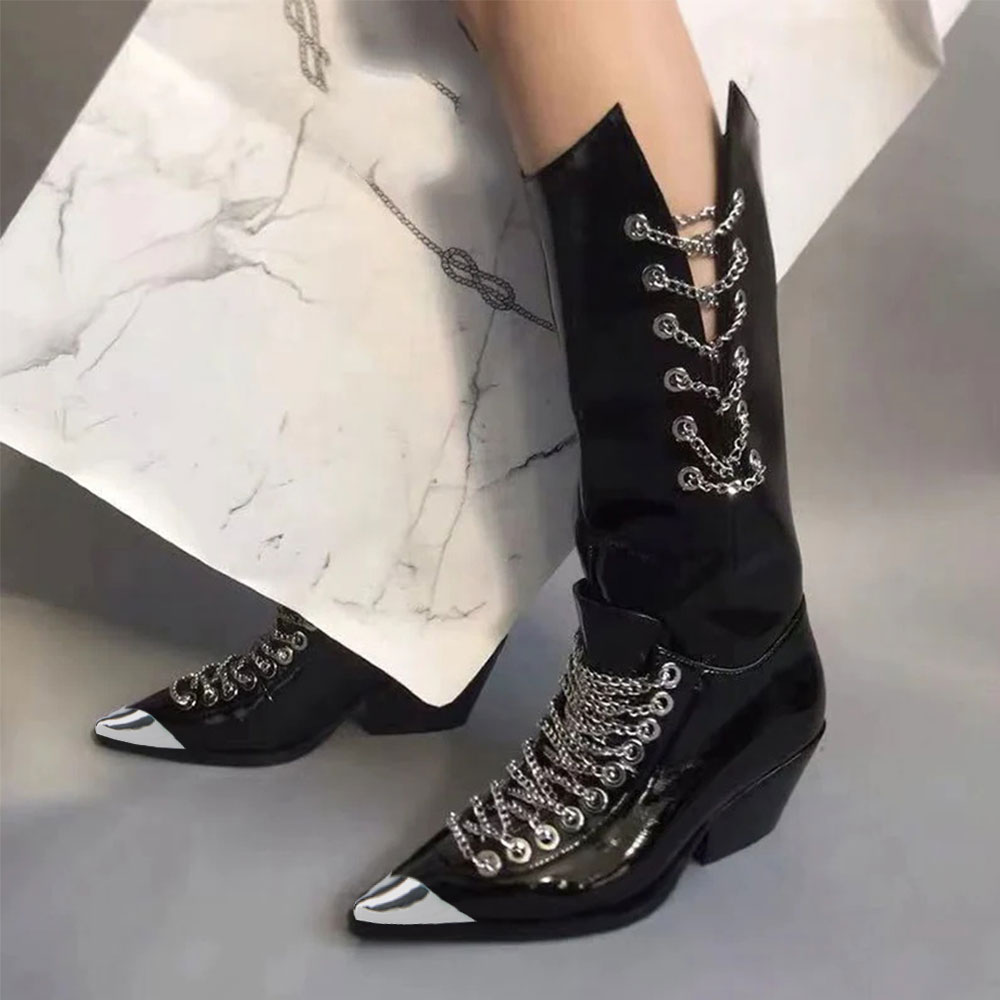 Black Patent Leather Punk Mid-Calf Cowboy Boots with Silver Chain Nicepairs