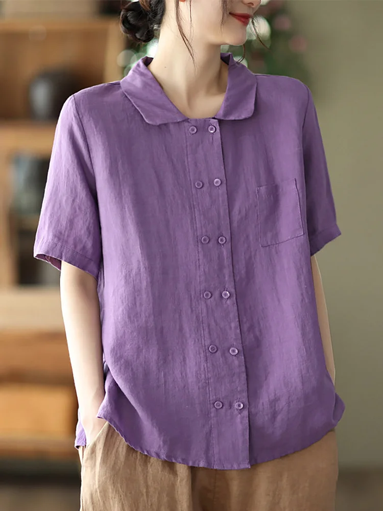 Plus Size Double Breasted Ramie Casual Summer Women Shirt