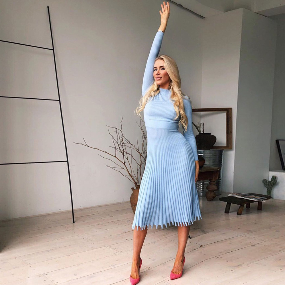 Ootddress Ribbed Pleated Knit Dress Women Loose Fashion Patchwork Long Sleeve Dress High Waist Knitwear Female Autumn Maxi Dress New