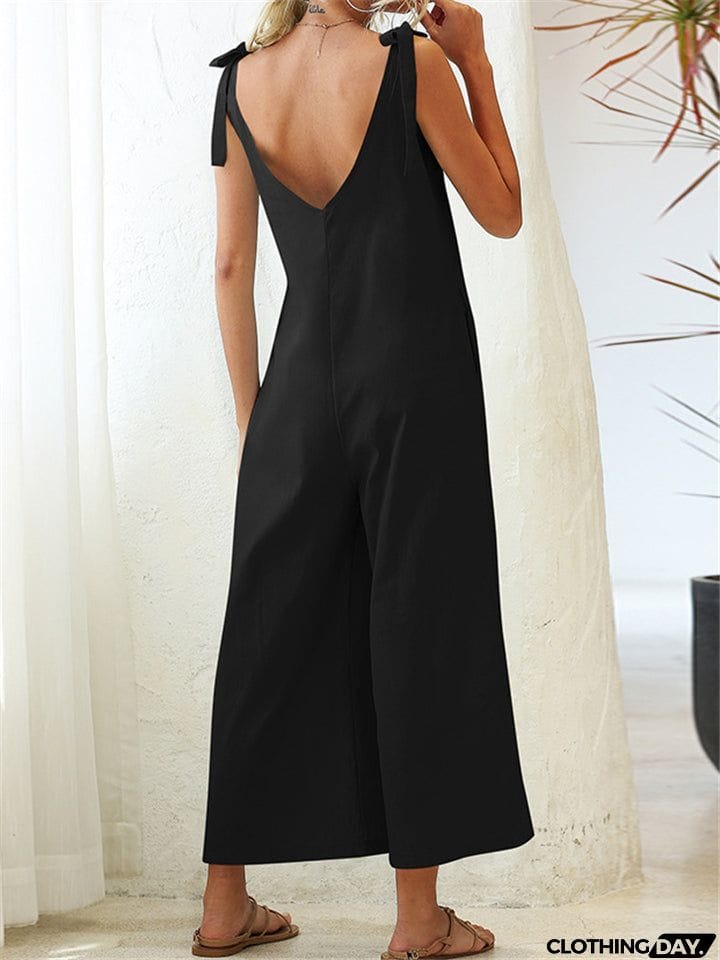 Women's Stylish Solid Color Sleeveless Loose Jumpsuit With Pocket