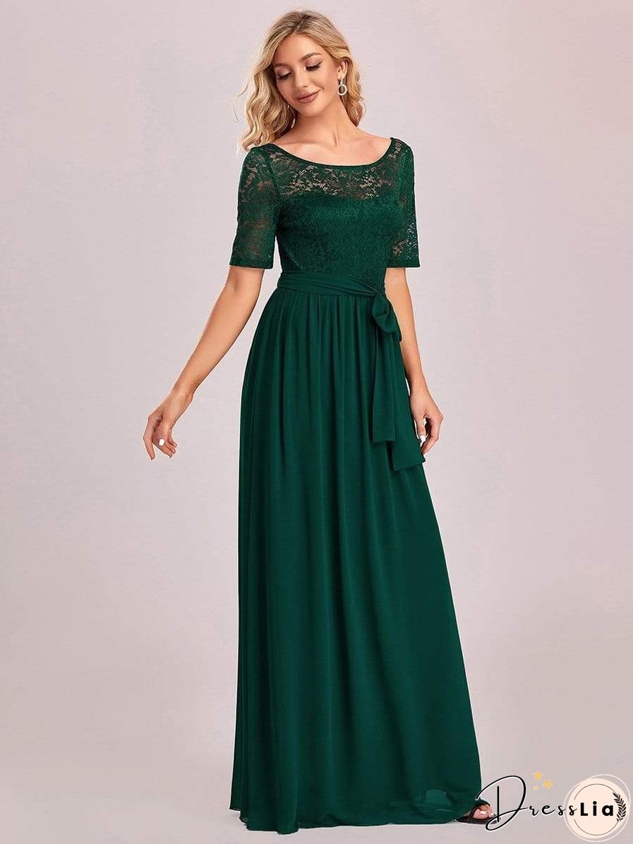 Sophisticated Lace Bodice Chiffon Maxi Evening Gown with Belt for Elegant Occasions