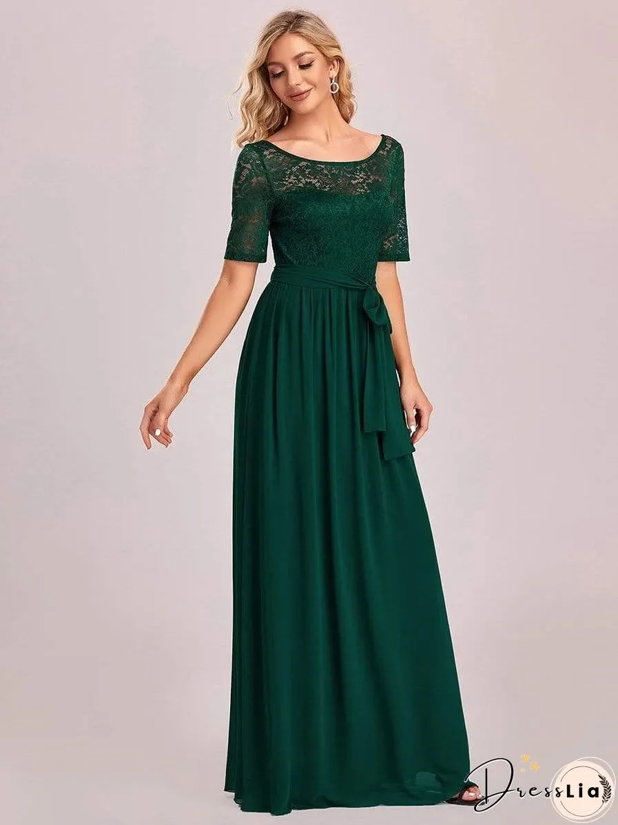 Sophisticated Lace Bodice Chiffon Maxi Evening Gown with Belt for Elegant Occasions