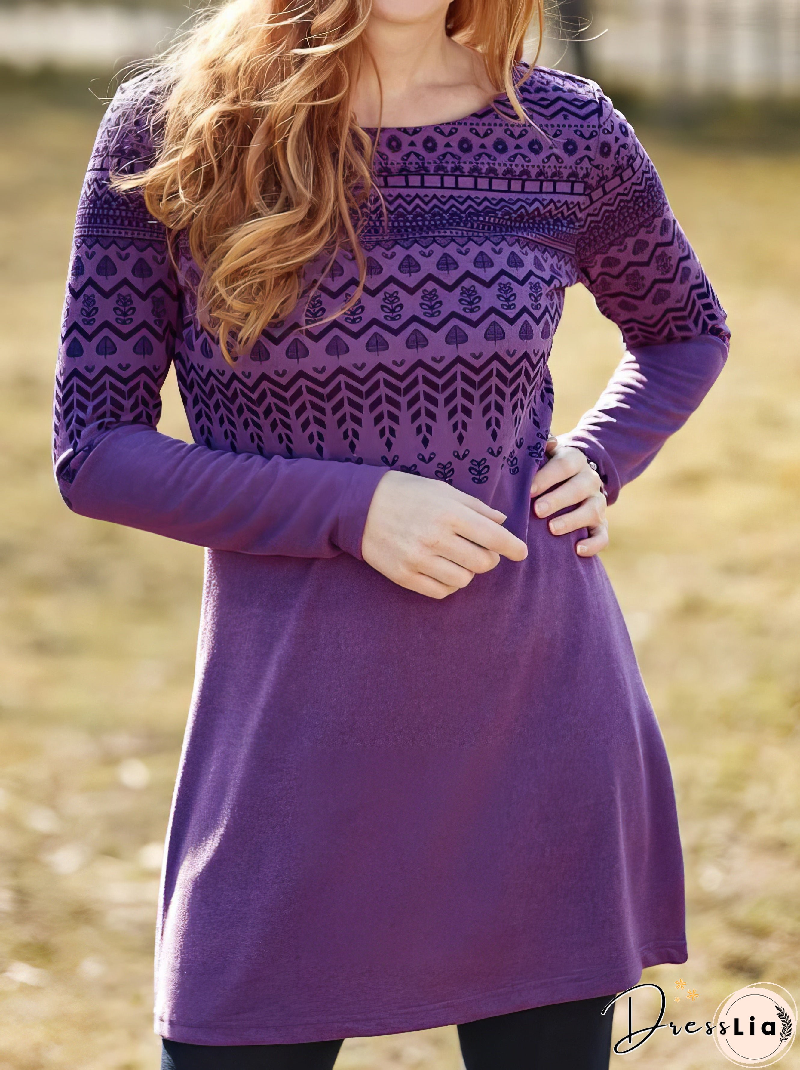 Vintage Printed Round Neck Long Sleeve Dress