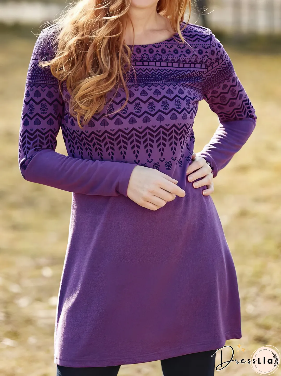 Vintage Printed Round Neck Long Sleeve Dress