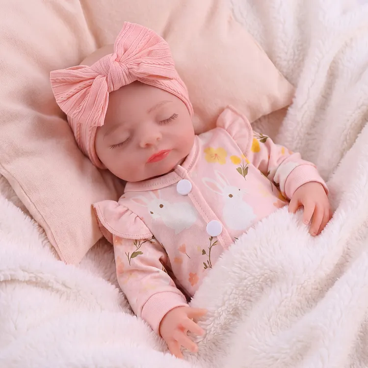 Babeside Larry 12&ldquo;/16&rdquo; Full Silicone Reborn Baby Girl Doll Sleeping Little Infant in Pink Floral Bunny Sleeper