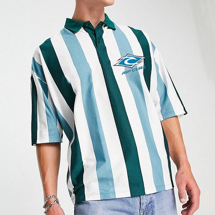 Retro Casual Surf Stripe Print Polo Neck T-Shirt c631